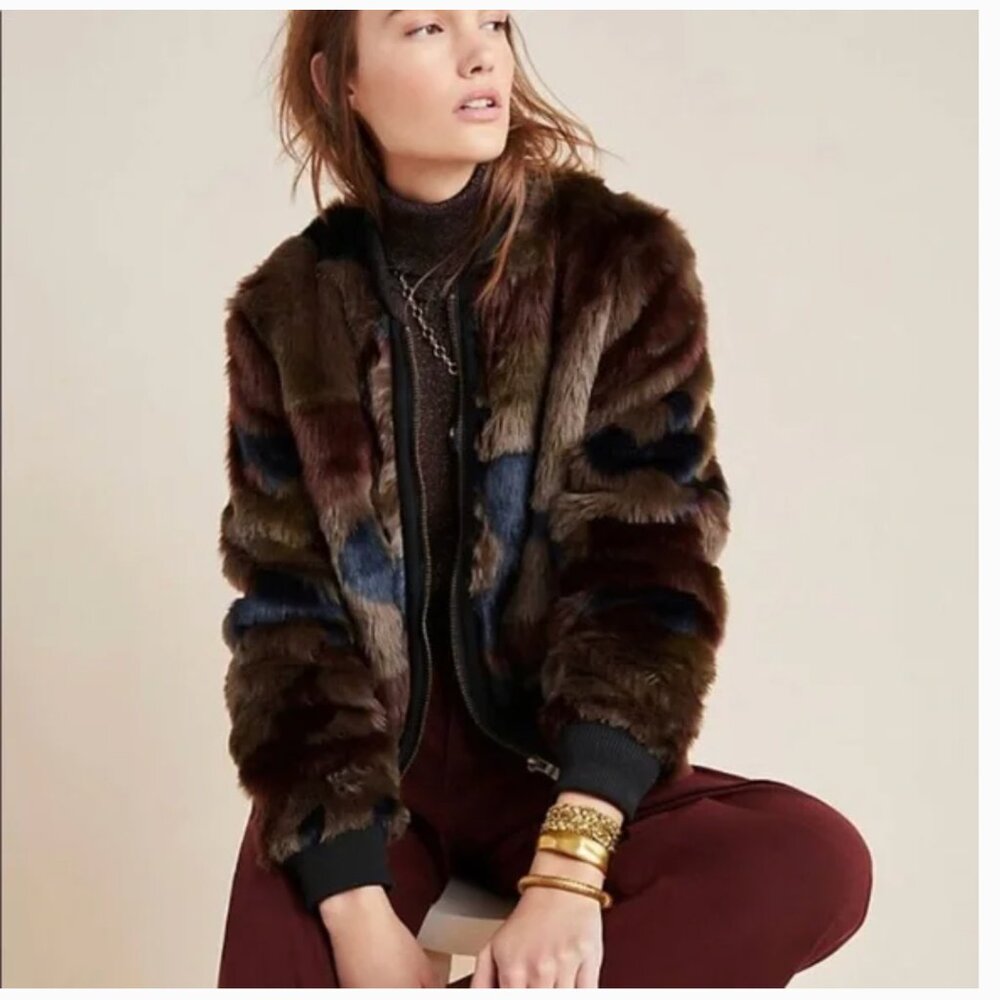 NWT Anthropologie Marrakech Alyssa Camo Faux Fur Bomber Jacket size S
